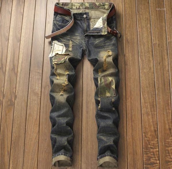 

patches men's camouflage destressed cotton denim biker vintage blue male patchwork ripped beggar hole straight jeans pants1