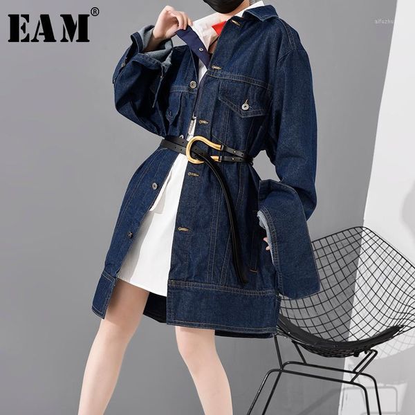 

eam] loose fit single breasted blue dneim big size long jacket new lapel long sleeve women coat fashion tide spring 2020 a6301, Black;brown