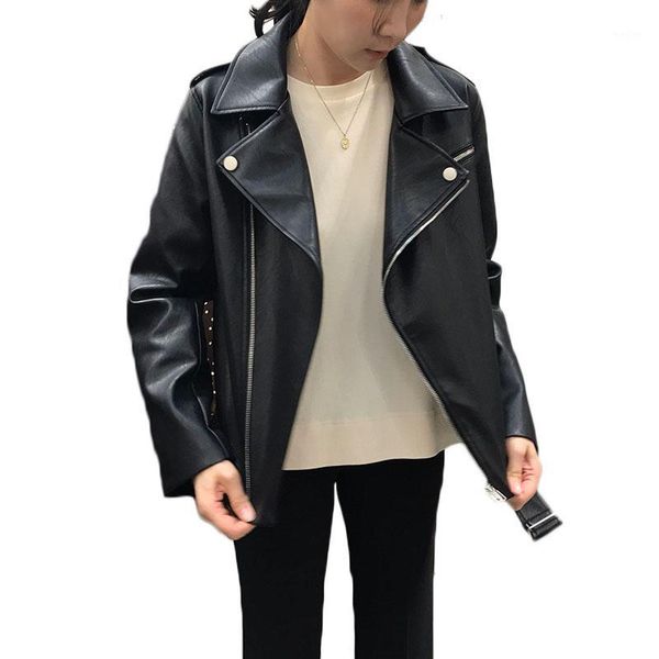 

leather jacket women new spring and autumn korean loose slim long sleeve pu leather jacket motorcycle cool coat ns21041, Black