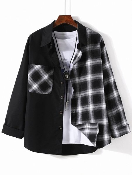 

men 1pc plaid spliced pocket patched button up shirt v8a1#, White;black