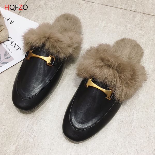 

hqfzo fur metal buckle mules women chanclas soft women shoes fashion platform plush flip flops fur zapatos non-slip floor slides y1202, Black