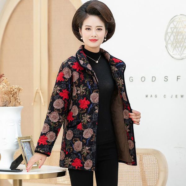 

middle aged women thick quilted coat chinese style fleece lining padded basic coat woman mother warm wadded overcoat xxxxxxl, Black