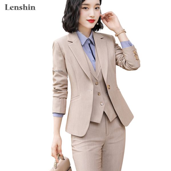 

lenshin 3 pieces set high-quality vest pant suit office ladies work wear for women female formal blazer jacket with trousers 201030, White