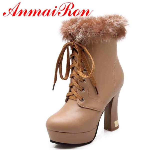 

boots anmairon autumn winter snow arrive sale thin heels warm fur ankle round toe high women lace up, Black