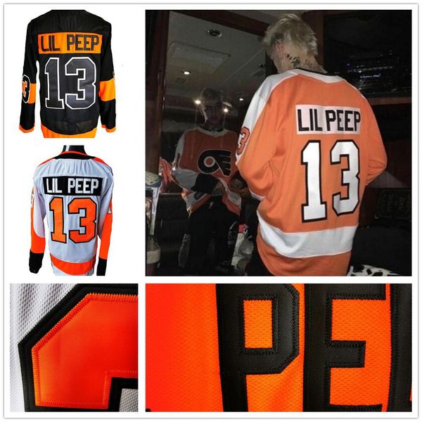 

mens youth women custom fashion star lil peep #13 philadelphia flyers hockey jerseys stitched name and numbers orange black white s-4xl, Black;red