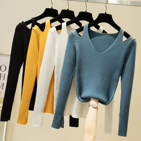 

v neck knitted sweater pullover for women 2020 autumn winter new slim solid color long sleeve pull femme, White;black