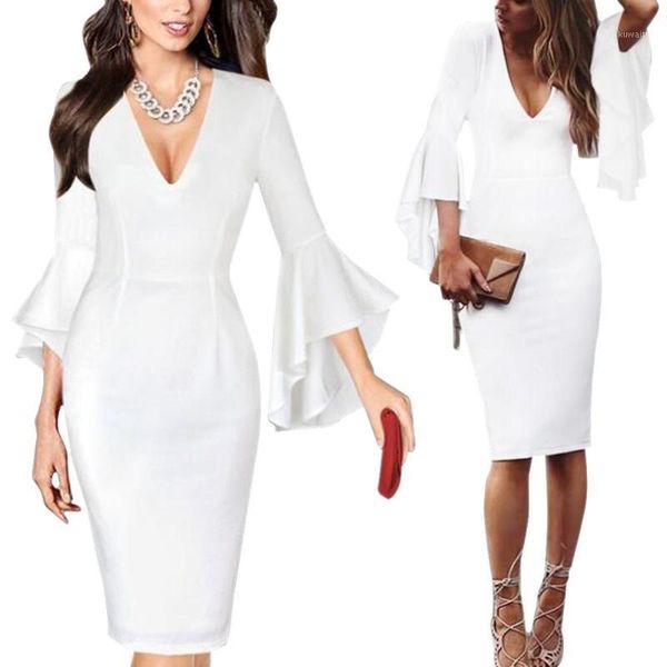 

women long flare-sleeves solid color deep v-neck bodycon package hip dress1, Black;gray