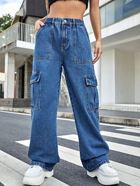 

high waist cargo jeans b651#, Blue