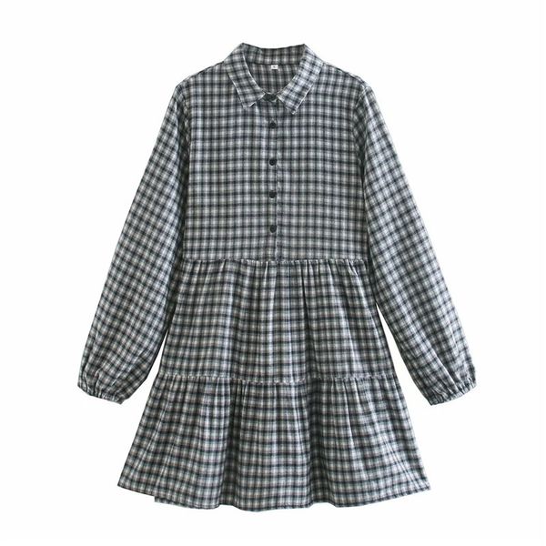 

2021 new gery mini plaid women autumn vintage long puff sleeve ruffle short dress woman loose casual ladies dresses mukr, Black;gray