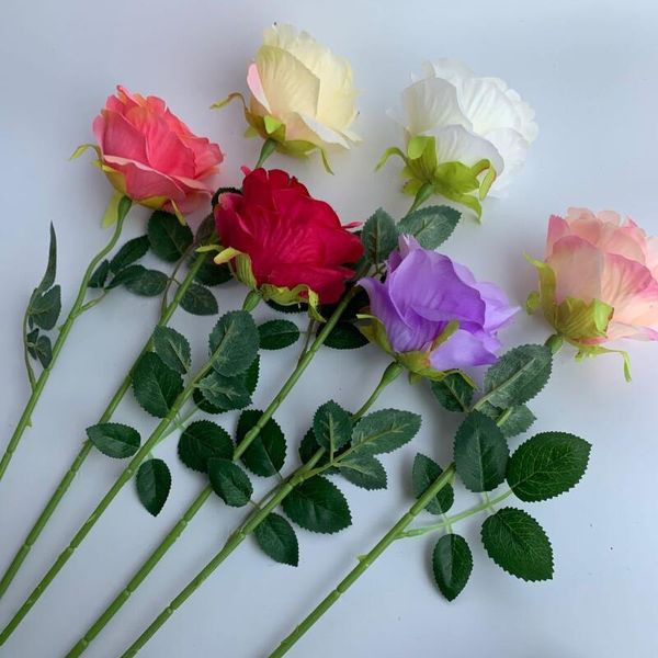 Única flor rosa de seda artificial rosa flores real toque festa de casamento decoração home 6 cores lx4371