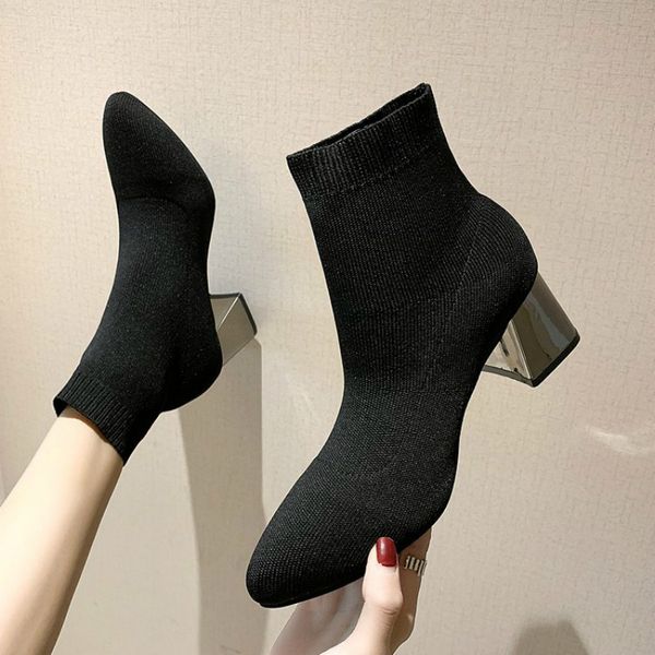 

new women shoes martin boots high heel stretch fabric ankle boots for women fashion pointed sock shoes zapatos de mujer 201123, Black