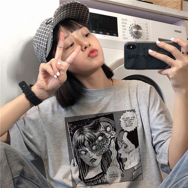 

japanese new summer female harajuku dark casual fashion big size vintage short-sleeved couple hip-hop tees cartoon t-shirt, White