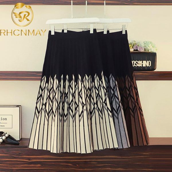 

skirts 2021 women knitted pleated skirt autumn winter color patch high waist long female warm ladies maxi midi, Black