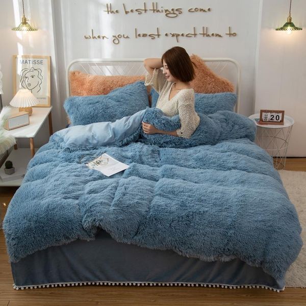 

4pcs fluffy velvet bedding set super warm winter fleece duvet cover flat sheet pillowcases  king size girl room bedclothes