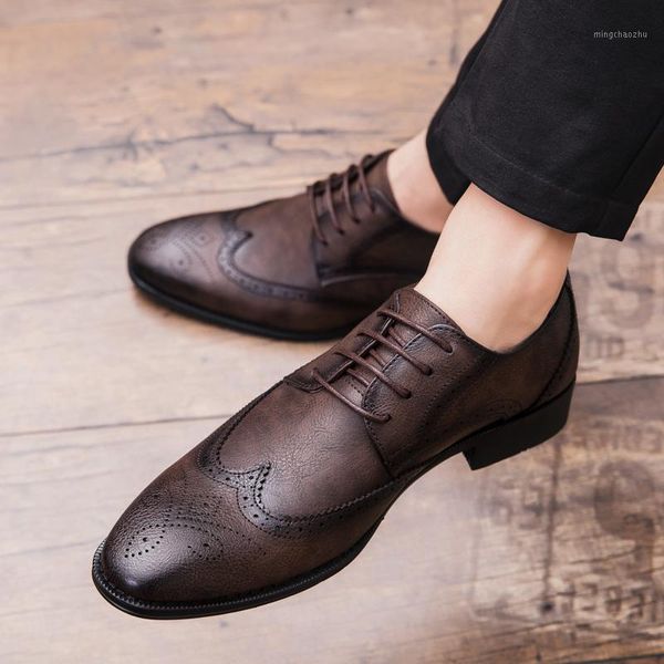 

dress shoes plus size men brogue luxury italian style pointed toe formal wedding casual lace-up plaid business leather shoes1, Black