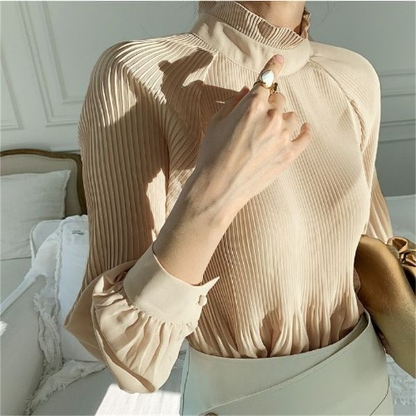 

2021 new women's solid mock neck hollow out shirt korean style shirts spring lo3x, White