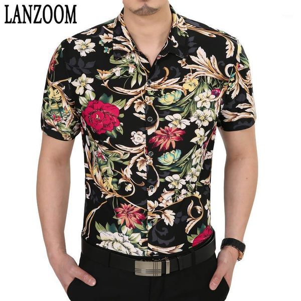 

brand design short sleeve mens shirts luxury stylish noble big print flower casual men dress shirt spring summer mens, White;black