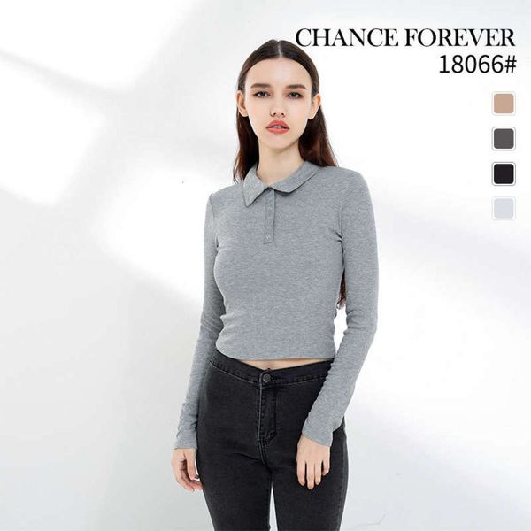 

2020 street trendy cotton pullover spring lapel slim fit women's t-shirt, Black;gray