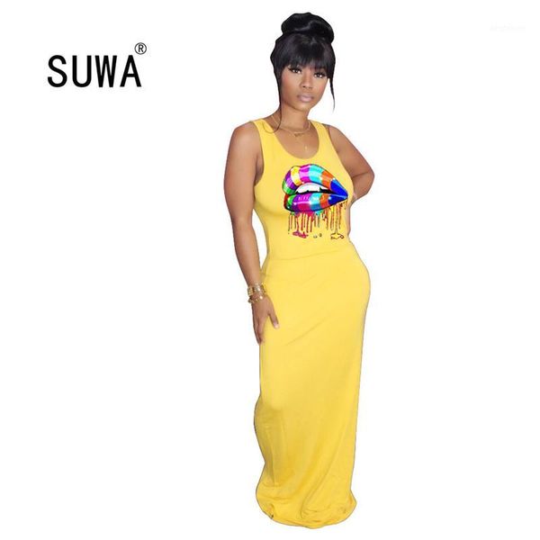 

casual dresses colorful printing high street fashion woman party night club ladies long dress sleeveless tank collar runway dress1, Black;gray