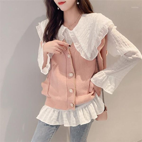 

two pieces ruffles knitted vest and large lapel shirt sweet women patchwork sleeveless sweater 2020 spring fashion korean style1, Black;white