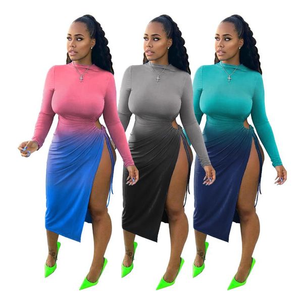 

23w8127 autumn winter women bodycon split bandage gradient print dress vestidos plus size moda 2021, Black;gray