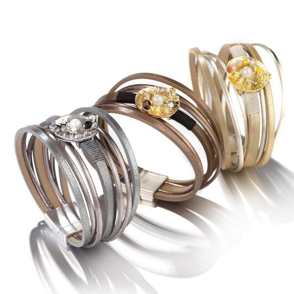 

flashbuy fashion metal charm pearl multilayer leather bracelets for women round alloy crystal wrap bracelets boho female bangles wmtaei, Golden;silver