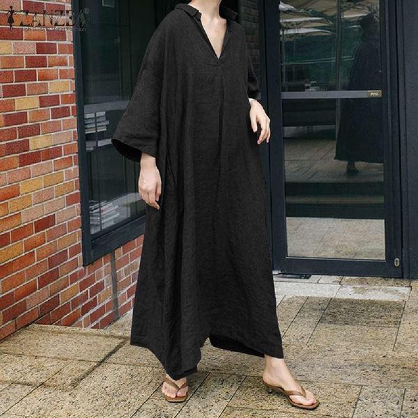 

casual dresses women full sleeve v-neck vintage loose sundress zanzea robe femme autumn solid cotton maxi dress long vestido plus size, Black;gray