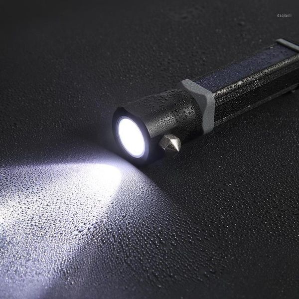 

solar usb charging outdoor torch multifunction t6 led power bank with safety hammer cutter camping lamp working1