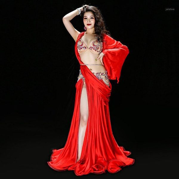 

2020 new high-quality belly dance clothing performance clothing special ribbon big skirt group performance belly dance suit1, Black;red