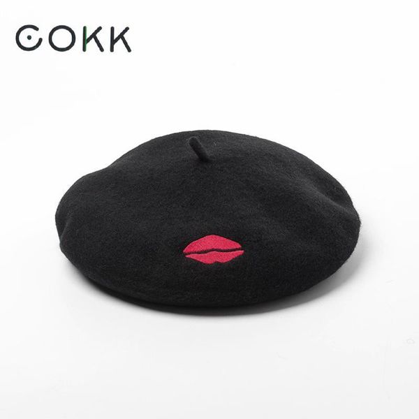 

cokk women hats red lip embroidery pure wool beret painter cap warm vintage bonnet boina gorras chapeau femme 2020 swy wmtwcn, Blue;gray
