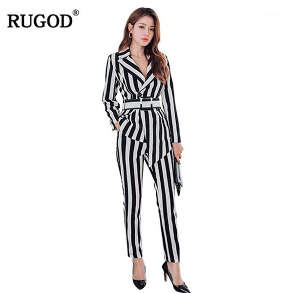 

women's two piece pants rugod 2021 arrival fashion women suits black and white stripe v-neck unregular hem ankle lenth office lady suit