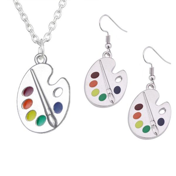 

Paint Brush Colorful Paint Palette Drop Earrings Necklace Artist Painter Jewelry, Silver