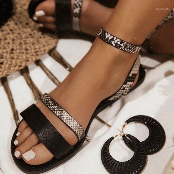

sandals women ankle strap buckle ladies shoes snake flat heels peep toe platform outdoor beach pu sandalias mujer1, Black