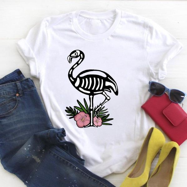 

women skull flamingo tumblr kawaii funny cartoon ladies summer t tee tshirt womens female shirt clothes graphic t-shirt, White