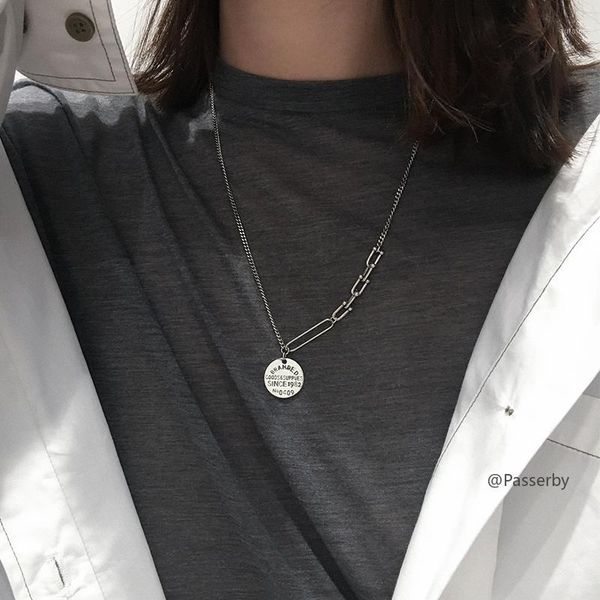 

925 sterling silver round medallion lettering pendant asymmetric chain necklace women fashionable personality necklace1