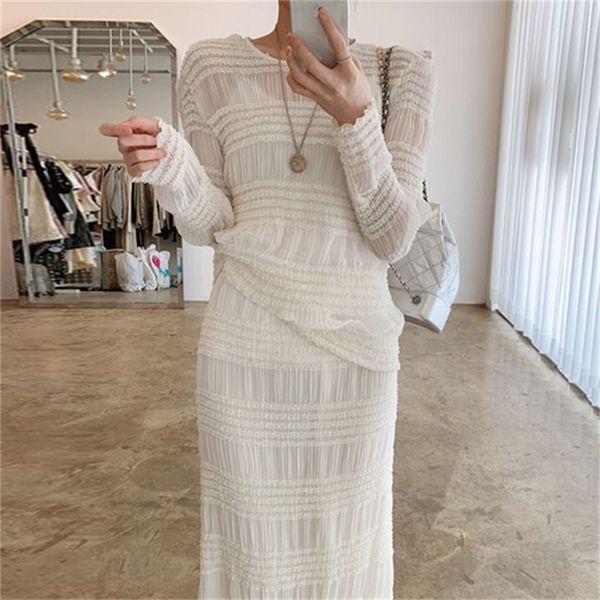 

suits of ladylike female-style correspondence solid to-neck long sleeves sun protector shirts straight waist mid-calf skirts spring l3bj, Gray
