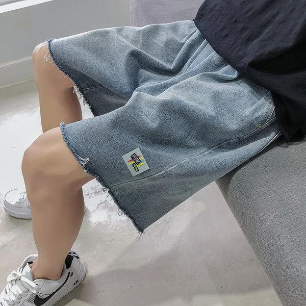 

summer 2021denim shorts men's trendy brand loose hong kong style knee length pants casual pants short straight breeches, Blue