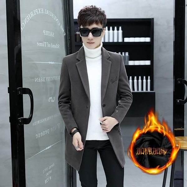 

2020 winter new men's woolen coat mid-length thick and cotton woolen material windbreaker men's coat men, Black