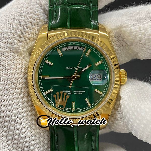 

v3 new 36mm day date 118138-l(fc) eta a2836-2 automatic mens watch green dial fluted bezel 18k yellow gold case green leather hello_watch, Slivery;brown