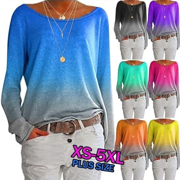 

2020 autumn winter gradient women t-shirt casual o-neck long sleeve rainbow pullover plus size s-5xl blue black t-shirts, White