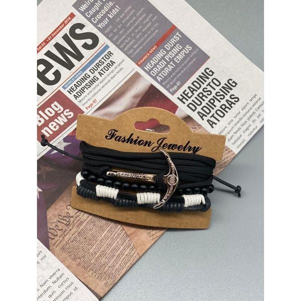 

junwei men's anchor leather bracelet black beads woven handmade bracelet three-piece set junw jllbtd