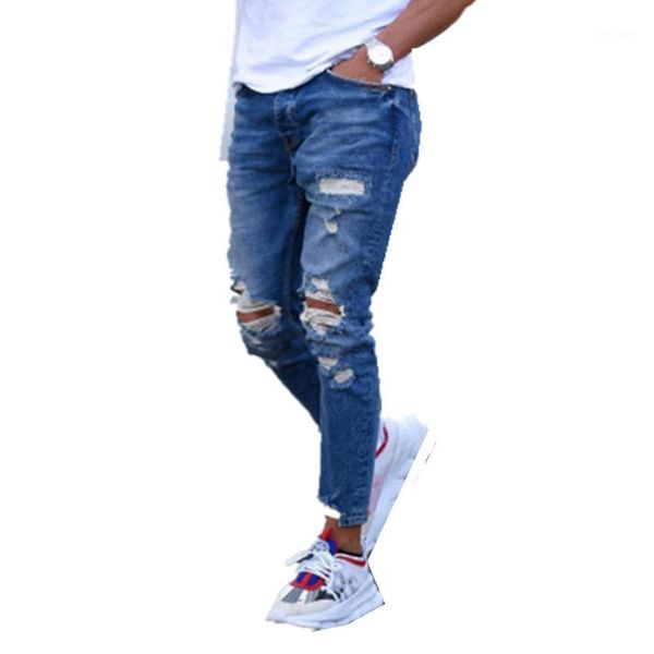 

men's jeans european and american ripped men's retro motorcycle men casual cycling pants hole destroyed long male1, Blue