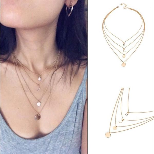 

женщины ожерелье новый продукт многослойные подвески цепи ключицы секвенированные луны горный хрусталь choker ожерелье мода ювелирные издели, Silver