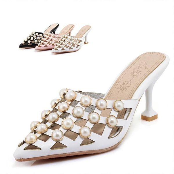 

low med shoes fretwork heels pointed toe ladies' slippers slipers women cover 2021 thin pu basic rome slides fabric rubber hoof, Black