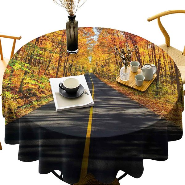 

wipeable round table cover endless rural road through vibrant treed corridor landscape scenic countryside