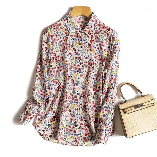 

women silk blouse turn-down collar shirt rural american style long sleeve 2020 summer flowers pattern female clothes1, White