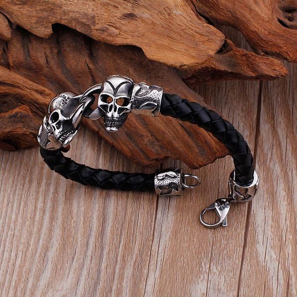 

fongten skull head black braided leather bracelet men stainless steel punk man viking bracelets jewelry wmtjpl, Bronze;silver