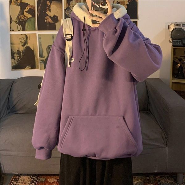 

couple's sweater winter women's plush thickened and versatile new korean loose fashion ins large purple hoodie, Black