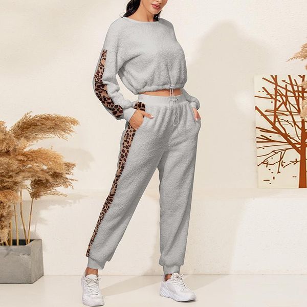 

winter sports suit plush sets women casual leopard pattern stitching double-side fleece two-piece warm soft clothes1, Gray