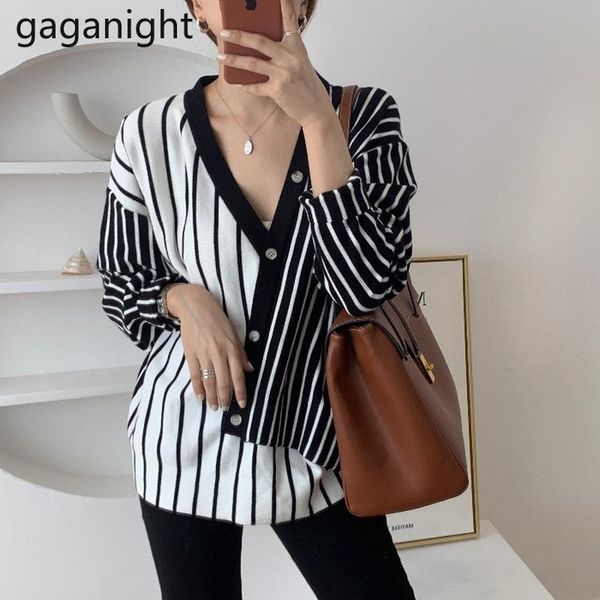 

women's sweaters gaganight irregular women striped sweater casual loose knitted v neck pullovers office lady chic korean pull femme, White;black
